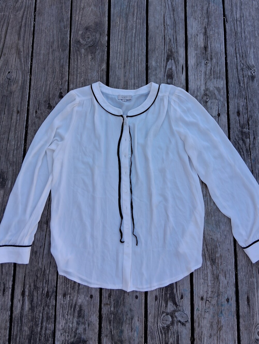 LOFT White Bow Neck Blouse Large Black Piping